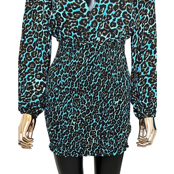 AFRM Blue Leopard Print Mini Dress Smocked Waist Long Sleeve Size SP Revolve - Picture 5 of 12